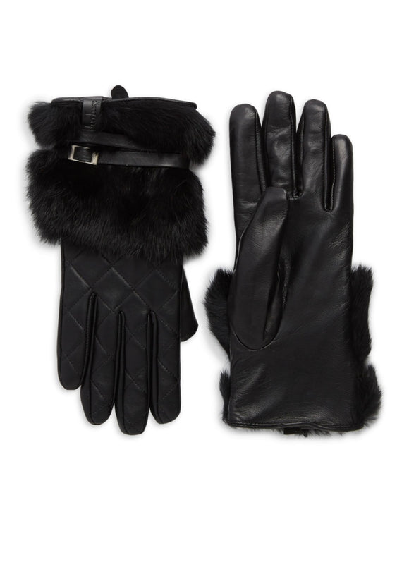Women's Quilted Leather Gloves with Buckle & Rabbit Fur trim  LGRB059