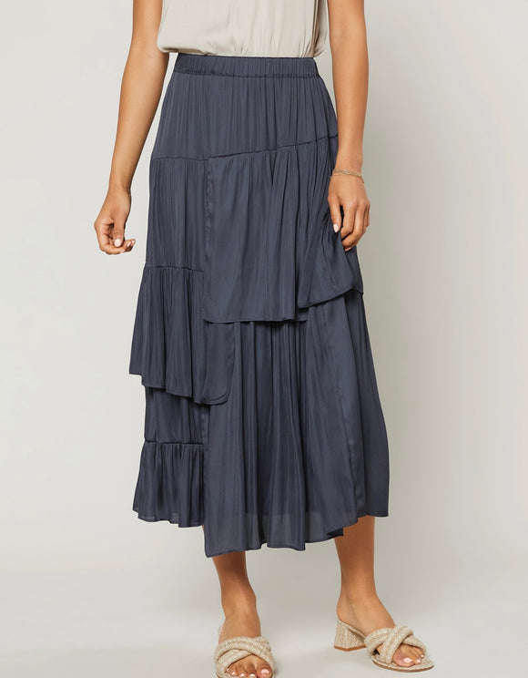 Navy Asymmetrical Tiered Midi Skirt By Current Air CURR99029-54