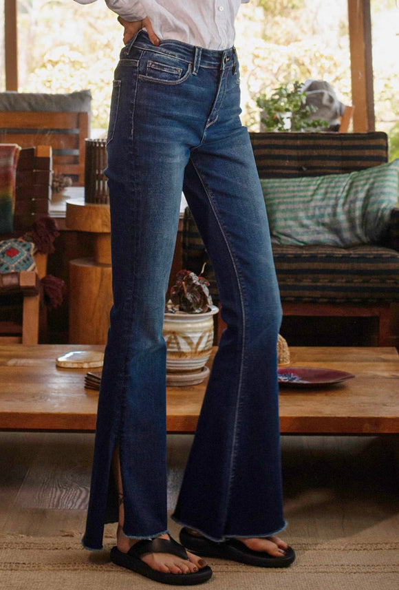 High Rise Flare Leg Jeans With Slit By Flying Monkey FLY84027-75