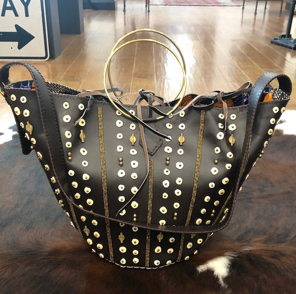Handmade Embellished Leather Kikapu Tote with Carved Ostrich Egg 8800215
